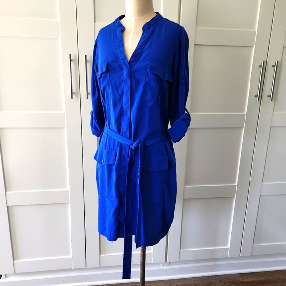 Express Dresses & Skirts - Express Size Large Royal Blue Portifino button up dress tie waist